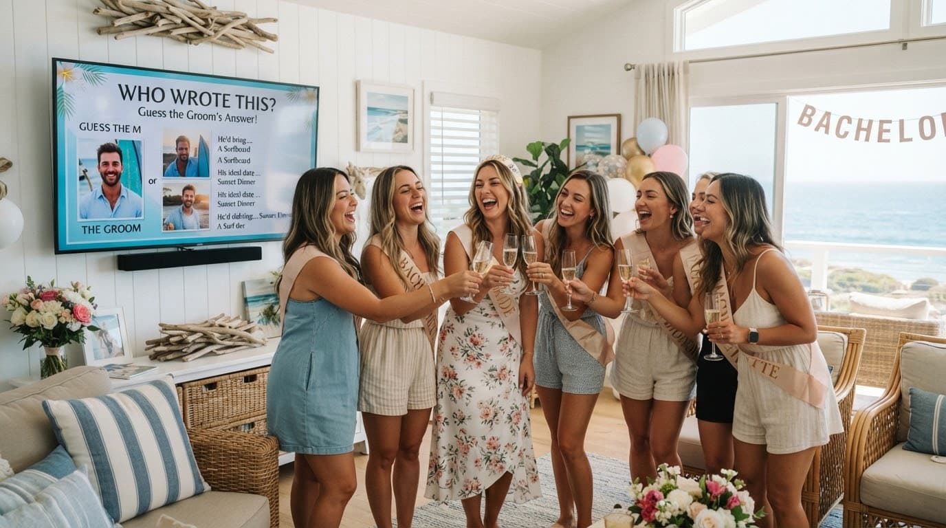 A bachelorette party laughing along as the game plays on the TV